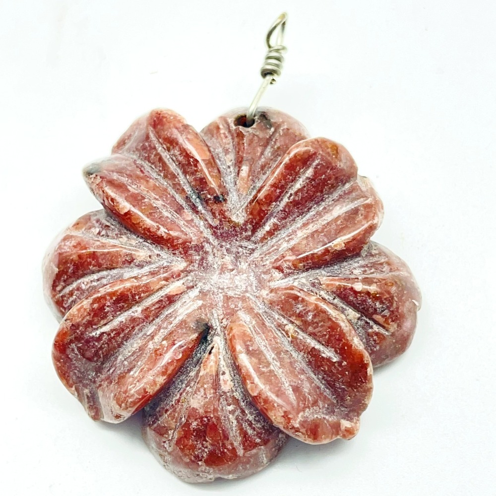 Vintage Red Jasper Flower Pendant Carved Floral Stone Silver Tone Bail Large